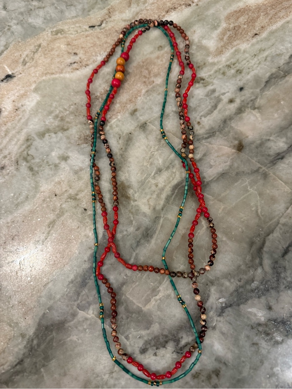 Multi-Strand Red, Teal and Brown Beaded Necklace - Women Jewelry
